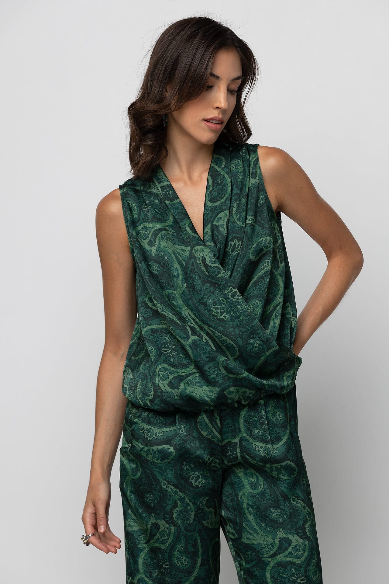 Satin top with green paisleys